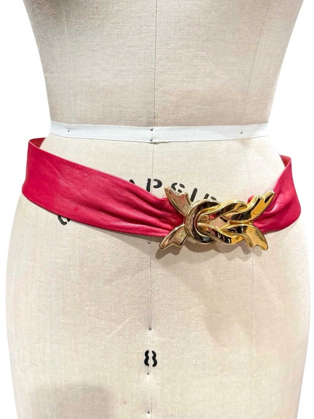 Vintage Pink Leather Wrap Belt with Gold Twist Buckle